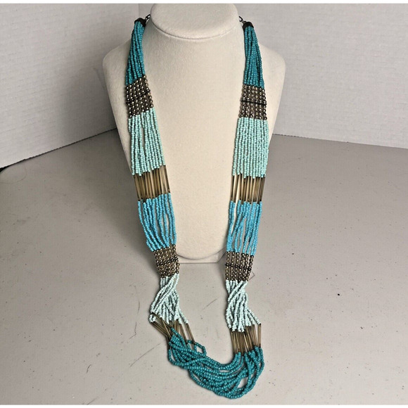 Strand Jewelry - Vintage Beaded Statement Necklace 33" Turquoise Southwest 12 Strand Seed Beads